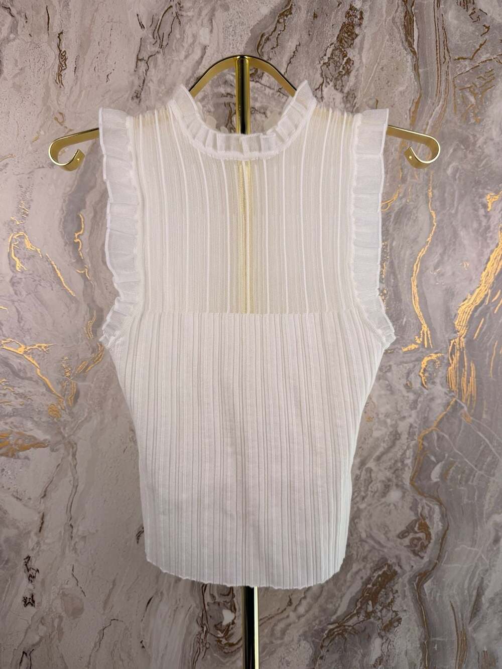 Commense Tank Top Size M White Ribbed Knit Ruffle Mock Neck - Picture 3 of 9
